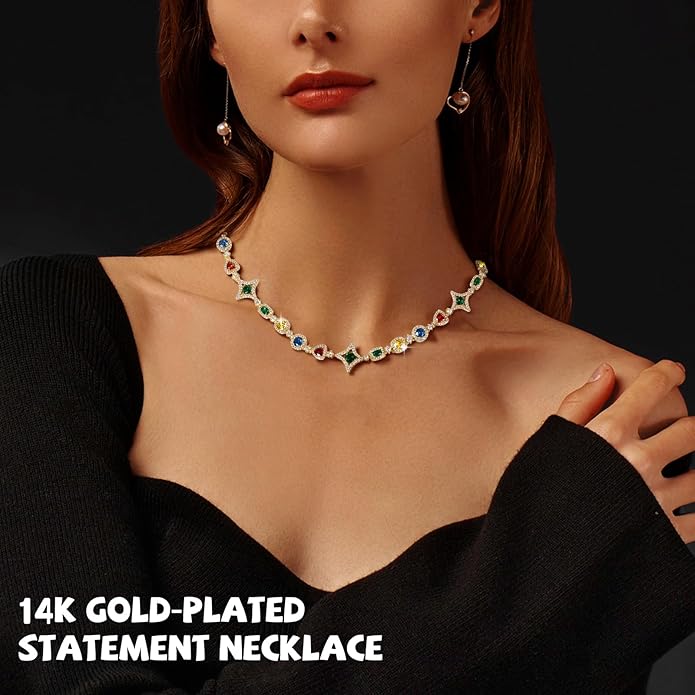 Tears of the Rainbow Hip-Hop Alloy Zirconia Necklace for Men & Women, Colorful Gemstone Statement Jewelry, Unique Urban Style Chain for Streetwear, Unisex Bold Design Gift Necklace for Men