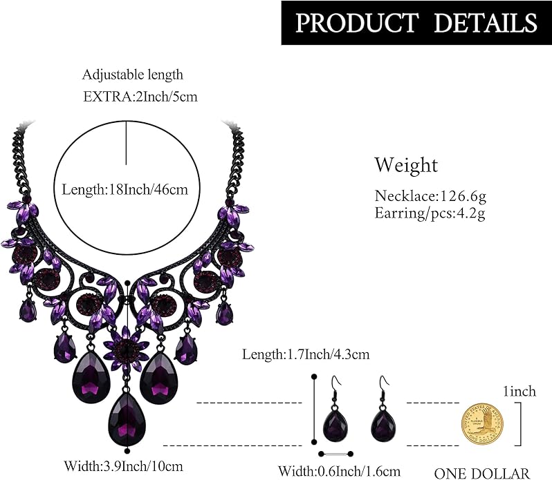 BriLove Women's Tribal Ethnic Crystal Chunky Statement Necklace Dangle Earrings Set