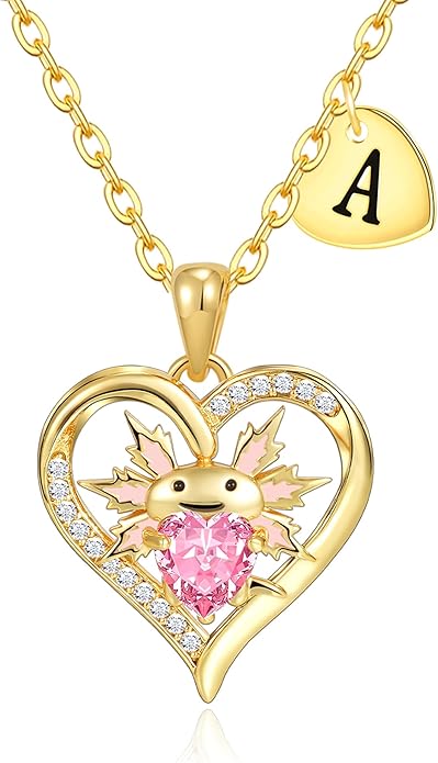 Macate Valentines Day Gifts for Her, 14K Gold Plated Heart Initial Pendant Axolotl Necklace Gold/silver Necklace Valentines Day Birthday Gifts for Women Teen