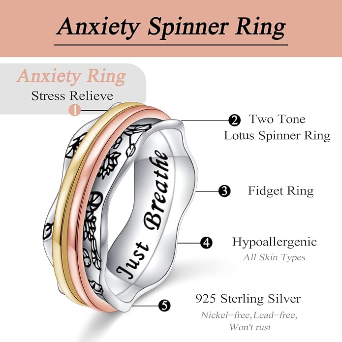 Ladytree Anxiety Relieve Rings 925 Sterling Silver Spinner Fidget Ring Worry Stress Relieving Boredom ADHD Autism Ring Platinum Plated Jewelry Birthday Gifts for Women Men