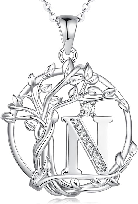 FANCIME Tree of life Initial necklaces for women, Sterling Silver Tree Jewelry Simulated Diamond Letter Pendant Cubic Zirconia CZ Personalized Birthday Mothers Day Gifts for Mom Wife Her
