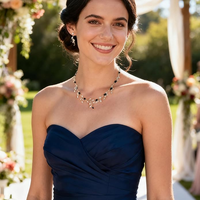 EVER FAITH Wedding Jewelry for Bride Women Bridesmaid, Sparkly Cubic Zirconia Pear-Shaped Birthstone Leaf Necklace Earrings Set for Prom