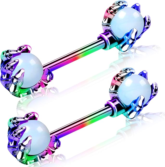 OUFER 14G Nipple Rings - 316L Surgical Steel Piercing Jewelry, 2PCS Pink Opals Surrounded by Dragon Claws Barbell