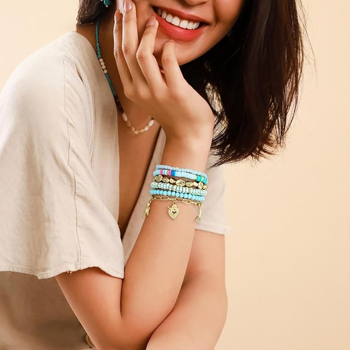 Shell Bracelet Seashell Boho Beaded Stretch Bracelets for Women Summer Beach Bracelets Starfish Charm Bracelet Stackable Gold Plated Bracelets Set for Women