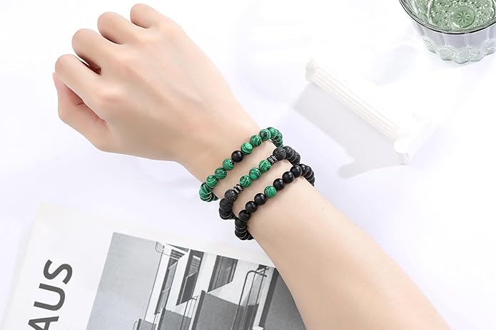 XIANNVXI Natural Stone Beads Bracelet for Men Crystal Bracelets 8MM Tiger Eye Lava Rock Obsidian Beaded Bracelet Set Black/Red/Blue Crystal Beaded Bracelets for Men