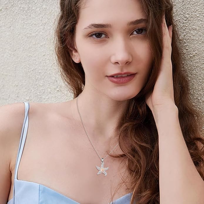 TIGER RIDER Ocean Necklace Sterling Silver Starfish Pendant Necklace Cubic Zirconia Starfish Jewelry Birthday Gifts for Women Ocean Lovers