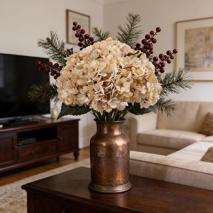 Kimura's Cabin 6pcs Hydrangea Artificiales Flowers Faux Hydrangeas, Cream | - Image 4