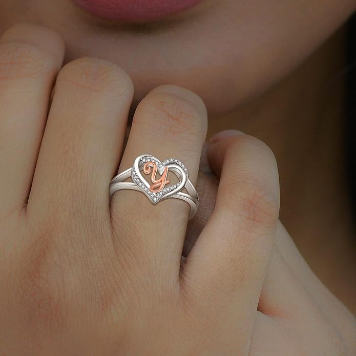 INFUSEU 925 Sterling Silver Initial Heart Ring for Women Girls, Adjustable Size
