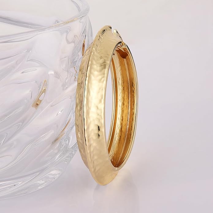 HZMAN 18K Gold Plated Wide Cuff Bracelet for Women - Premium Alloy Shiny Polished Double Layer Statement Bangle, Trendy Daily Wear Party Jewelry Accessory