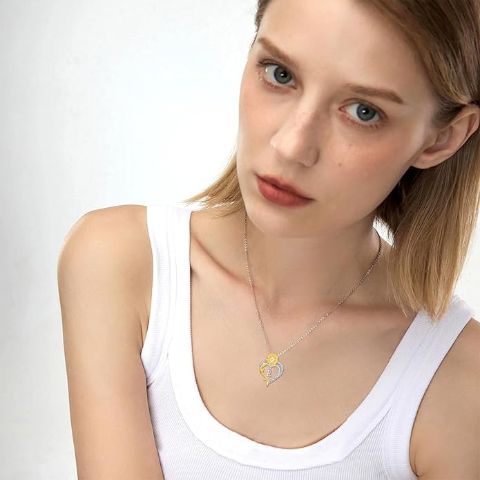 Initial Necklace 925 Sterling Silver Sunflower Heart Letter Pendant Alphabet Anniversary Birthday Jewelry Gifts for Women Mom Girlfriend Wife Her