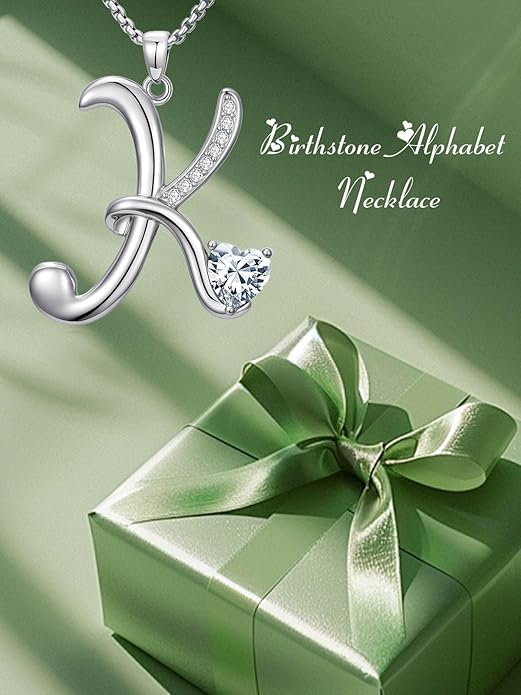 Valentines Day Gifts for Women Alphabet A to Z Initial Birthstone Pendant Necklaces for Women - 18k White Gold Plated Personalized Name Jewelry Valentine Mothers Day Birthday Gifts for Women Her Girlfriend