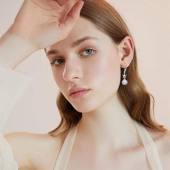 VONALA Silver/Gold Seashell Pearl Dangle Earrings 925 Sterling Silver Beach Drop Dangle Earrings Starfish Leverback Earrings Ocean Jewelry Gifts for Women