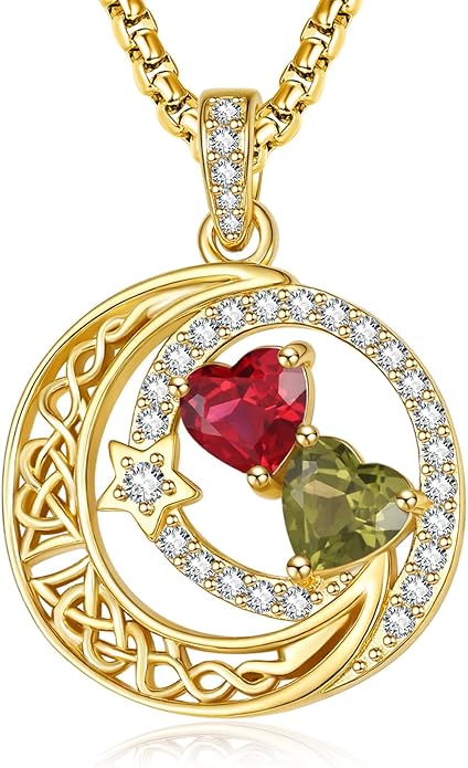 14K Gold Moon and Star Necklace Gifts for Women - Double Heart Birthstone Necklace, Valentines Wedding Anniversary Birthday Gifts for Her Wife Mom Daughter Grandma Sister
