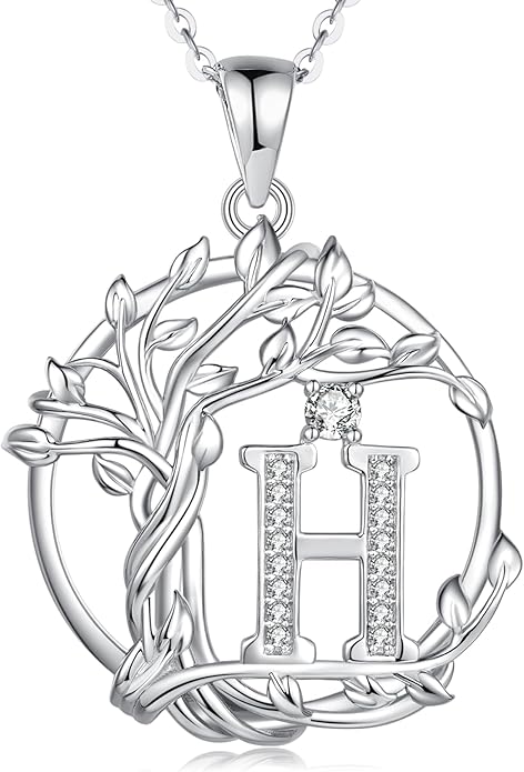 FANCIME Tree of life Initial necklaces for women, Sterling Silver Tree Jewelry Simulated Diamond Letter Pendant Cubic Zirconia CZ Personalized Birthday Mothers Day Gifts for Mom Wife Her