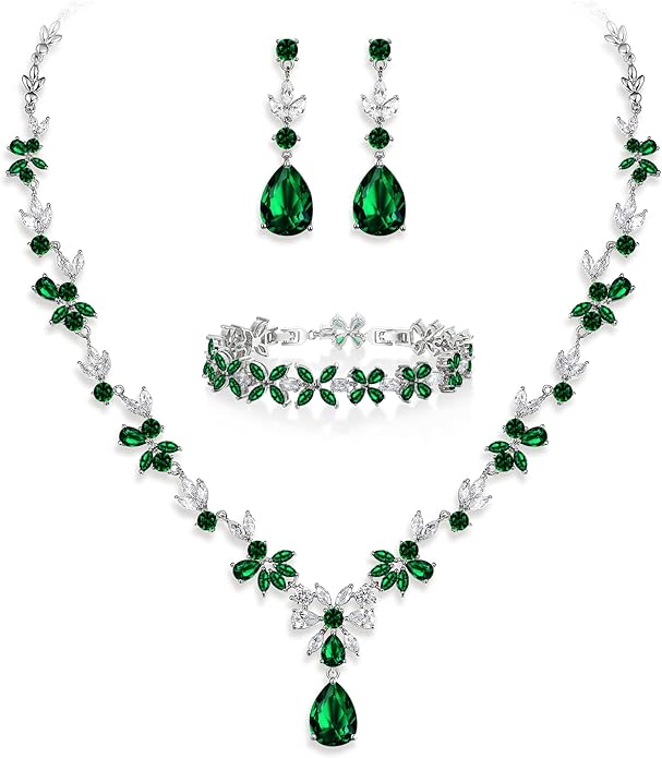 Crysdue Wedding Jewelry Set for Women, Floral Leaf Vine Teardrop Necklace Dangle Earrings Bracelet and Hair Comb, Cubic Zirconia Elegant Party Prom Jewellery for Bridal Bridesmaid