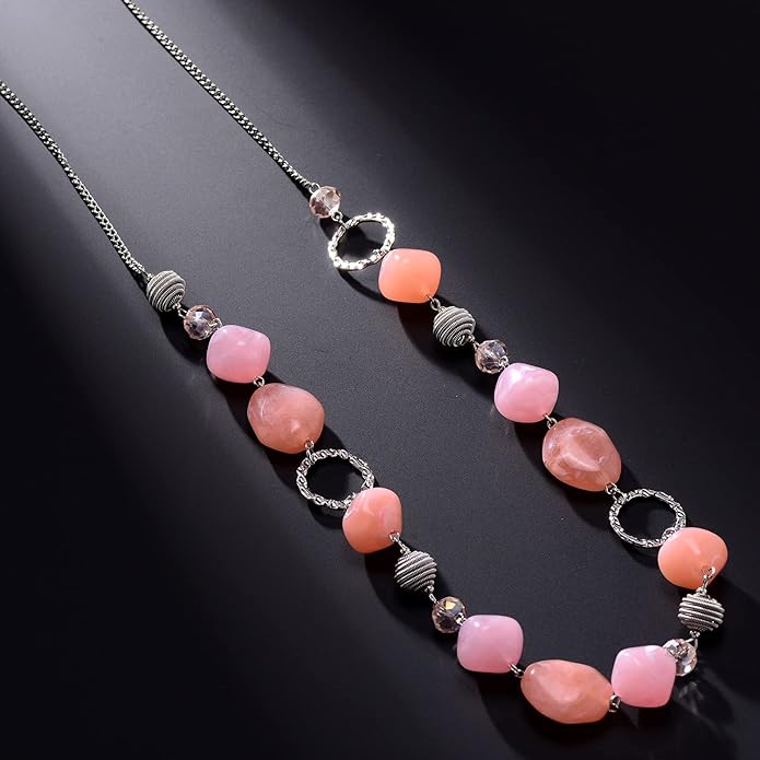 BULINLIN Beaded Long Necklace for Women Silver Sweater Chain Necklace with Crystal Resin Beads, Fashion Jewelry Necklace