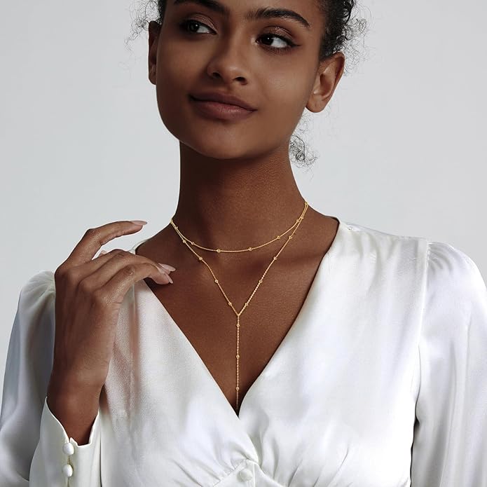 Gold Necklace for Women Trendy Lariat Y Necklace Dainty 14k Gold Plated/Silver Long Necklaces for Women Layered Beaded Drop Necklaces Simple Y-Shaped Chain Jewelry Gifts