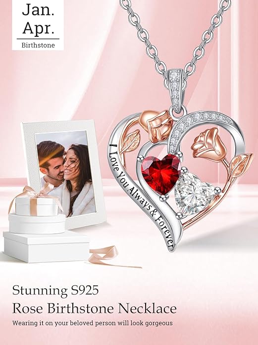 Valentine's Day Gifts for Wife 925 Sterling Silver Double Birthstone Pendant Necklaces I Love You for Always and Forever Necklace Anniversary Birthday Gifts for Wife Girlfriend Mom Her
