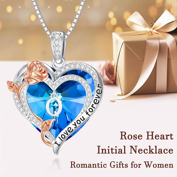 PELOVNY Rose Heart Initial Necklaces for Women S925 Sterling Silver Alphabet Letter Crystal Necklace Initial Pendant Jewelry Gifts for Mom Daughter Wife