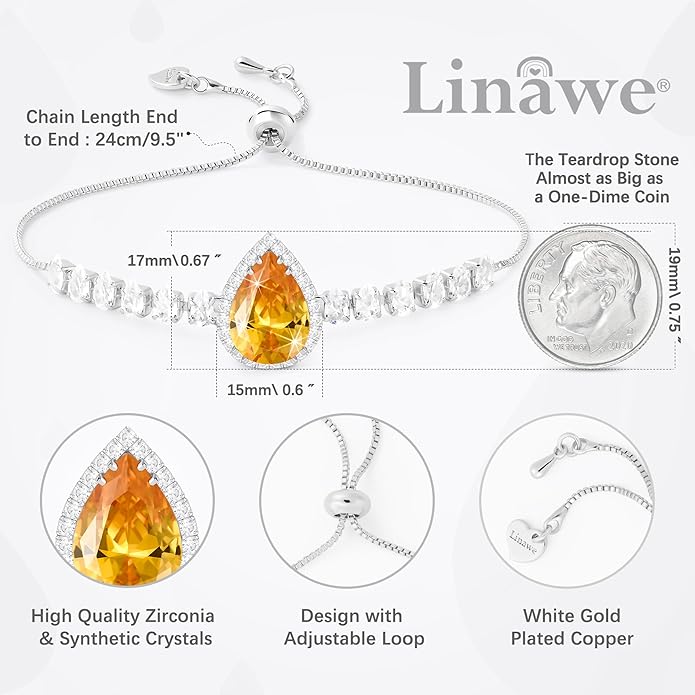 Linawe Crystal Imitation Diamond Rhinestone Charm Bracelets for Women, Gold/Silver/Rose Gold Adjustable Chain Bracelet, Teardrop Birthstone Cubic Zirconia Prom Costume Wedding Jewelry