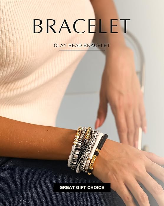 Friendship Bracelets Trendy Heishi Clay Bead Bracelets Stack Gold Beaded Stretch Bracelets for Women Boho Stackable Bracelets Bulk Cute Preppy Jewelry