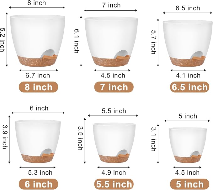 QRRICA Plant Pots 8/7/6.5/6/5.5/5 Inch Self Watering Pots, Plastic Flower Pots - Image 3