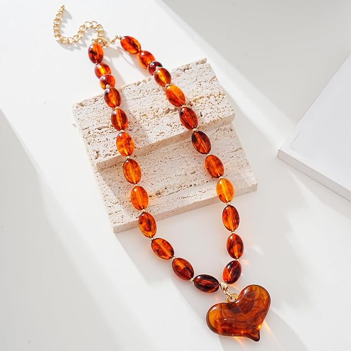 Large Acrylic Heart Necklaces for Women Chunky Puffy Heart Pendant Necklace Exaggerated Statement Love Beaded Choker Necklace Jewelry