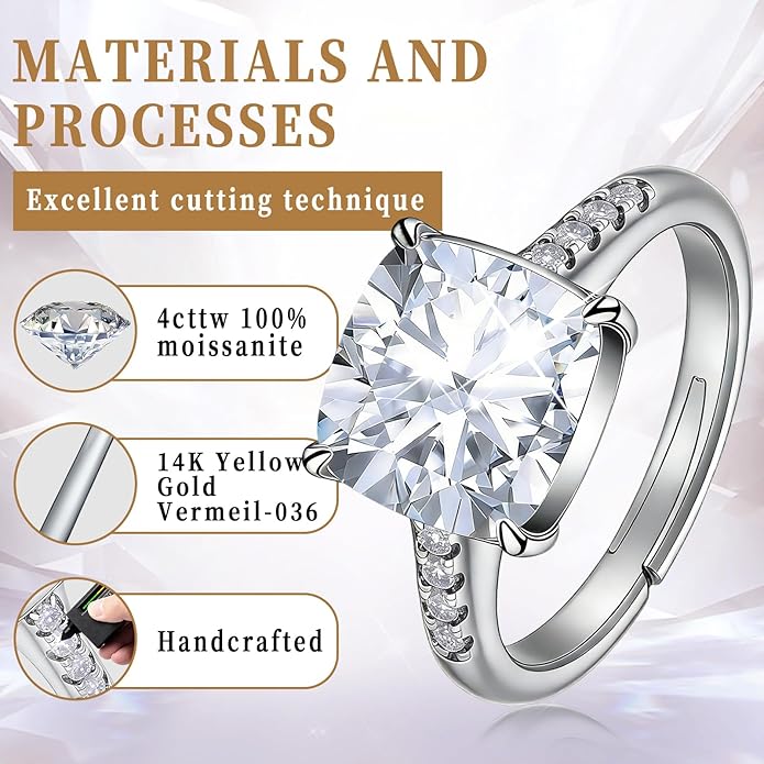 Engagement Rings for Women, Wedding Band for Women，Brilliant D Color VVS1 Clarity Lab Created Rings 14K White Gold Vermeil Ring for Women Jewelry Gifts Adjustable Ring 4-10