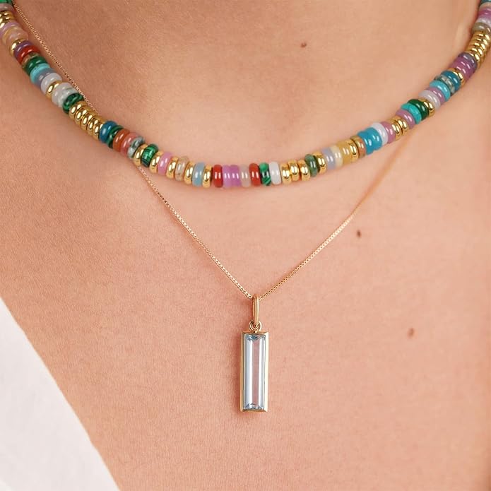Beaded Necklace for Women, Colorful Boho Beach Handmade Bead Choker, 14K Gold Plated Stackable Bohemian Multicolor Natural Stone Necklace