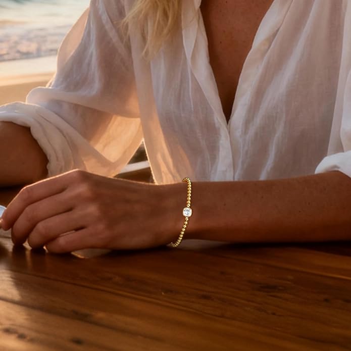 HZDK Gold Bracelets for Women - 14K Gold Plated Beaded Bracelets for Women Gold Jewelry Stackable Charm Bracelet Dainty Stretch Bead Bracelet Christmas Gifts for Her