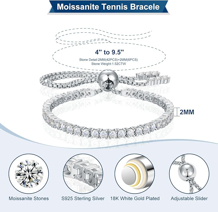 Moissanite Tennis Bracelet 1.79ct-8.69ct Adjustable Bracelet for Women 18K White Gold Plated S925 Sterling Silver Tennis Bracelet D Color VVS1 Round Cut 2/3/4mm Moissanite Bracelet Gifts for Wife/Mom