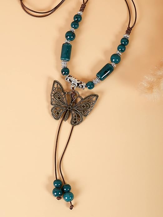 MINACHI Hippie Boho Colorful Ceramic Bead Butterfly Charm Pendant Y Necklace, Vintage Bohemian Statement Jewelry Gift for Women
