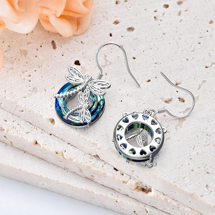 TOUPOP Dragonfly Gifts for Women Sterling Silver Dragonfly Earrings with Circle Crystal Dragonfly Dangle Drop Earrings Jewelry Gifts for Women Mom Birthday Christmas