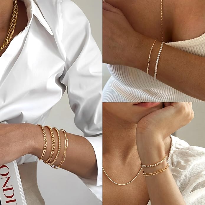 adoyi Valentines Day Gifts for Her Gold Bracelets for Women, 14K Gold Plated Stackable Bracelet Stack Set Adjustable Charm Paperclip Chain Cuban Link Layered Waterproof Jewelry Sets Gifts for Womens