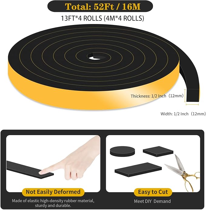Weather Stripping, High Density CR, Strong Adhesive, 1/2 in x 1/2 in x 52Ft | - Image 6