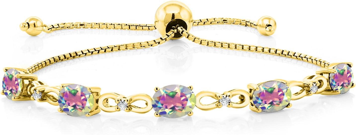 Gem Stone King 7X5MM Oval Cut Gemstone Birthstone and Accent Lab Grown Diamond Tennis Bracelet For Women In 18K Yellow Gold Plated Silver | Adjustable Bolo Bracelet For Women | Easy-On Easy-Off