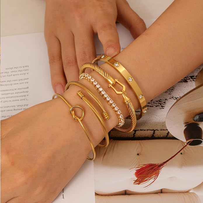 18 K Gold Plated Love Bangle Bracelet Stack Cuff Jewelry for Women Jewelry Set for Women Gift with Box