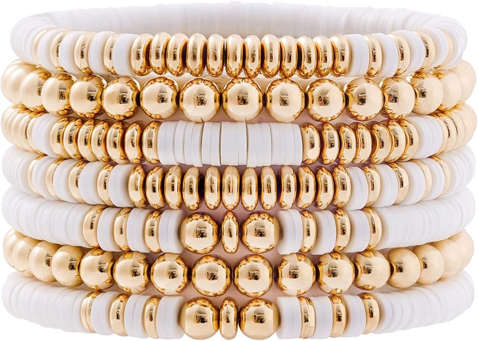 GOOJIDS Surfer Heishi Clay Bead Bracelets for Women Bohemian Stackable Gold Plated Beaded Stretch Bracelets Elastic Layering Friendship Bracelets Set Boho Jewelry
