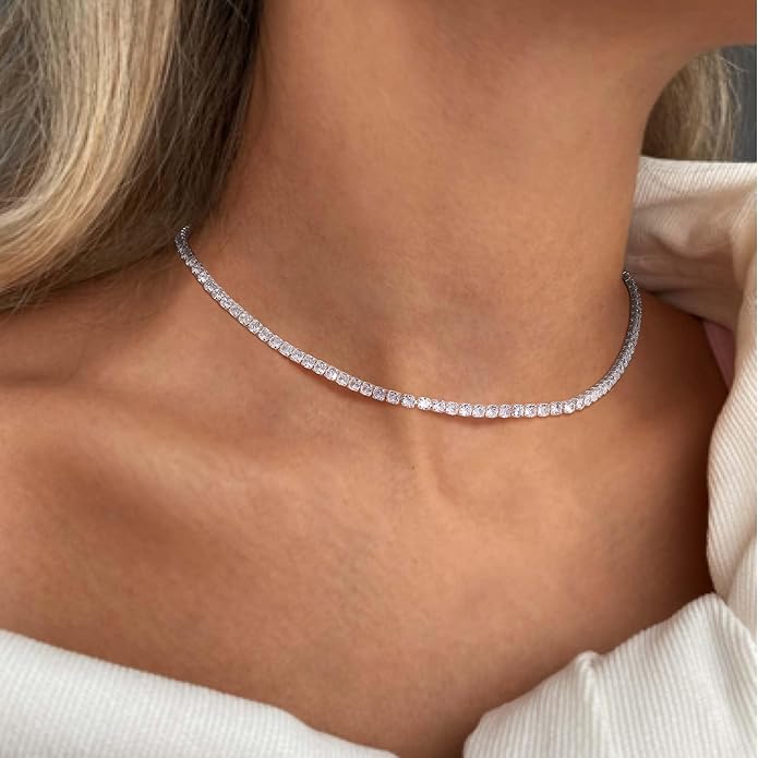 Tennis Necklace for Women, 14K Gold/Silver Plated Rhinestone Choker Necklace for Women, Dainty Cubic Zirconia Cut Faux Diamond Chain