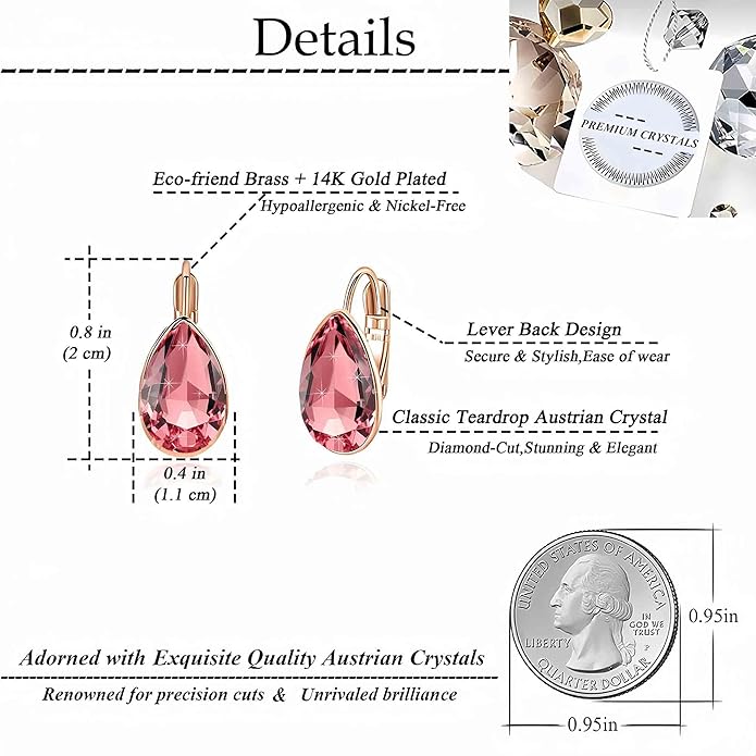 Teardrop Austrian Crystal Leverback Drop Earrings for Women 14K Rose Gold Plated Hypoallergenic Jewelry