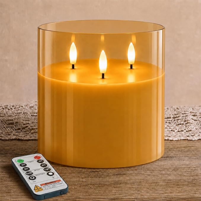 Homemory Amber Large Glass Flameless LED Candle, 3 Wicks, Remote Timer | 6"x6" by Homemory