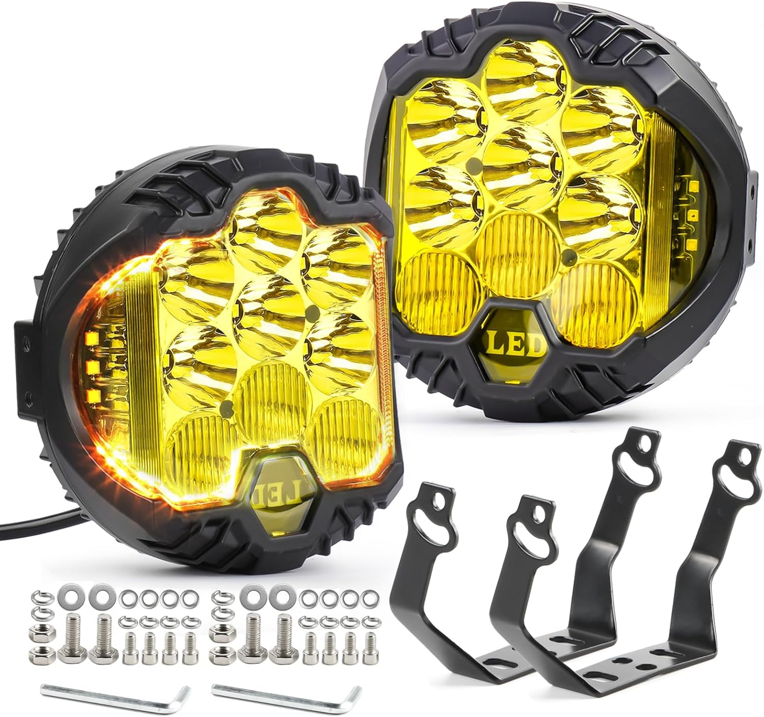 LIGBT 7 Inch Pair Amber Round LED Offroad Lights 90W Amber Yellow Off Road Light Fog Lights Driving lightsWaterproof Light Pods for Pickup Trucks 4x4 SUV ATV UTV