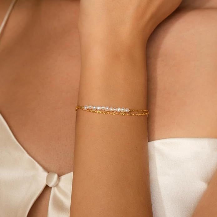 SLOONG Valentines Day Gifts for Her Gold Pearl Bracelets, 18K Real Gold Plated Dainty Stackable Snake Chain CZ Heart Pendant Bracelets, Layered Waterproof Jewelry Gift for Women Adjustable 6"+2"