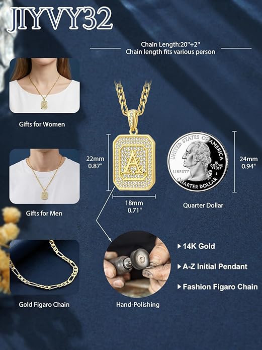 Initial Letter Pendant Necklace for Men Women, 14K Gold Square Monogram Alphabet Necklace with Figaro Chain, Valentines Day Birthday Gifts for Him Her