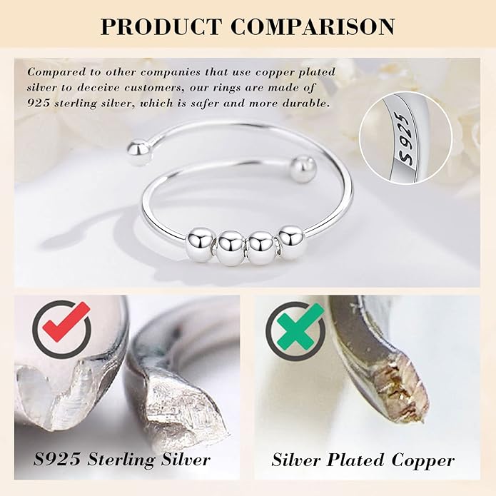 Vito 925 Sterling Silver Fidget Anxiety Ring for Women, Adjustable Open Spinner Ring Stress Relief Ring Stacking Band Anillos Jewelry Gift for Mom Daughter