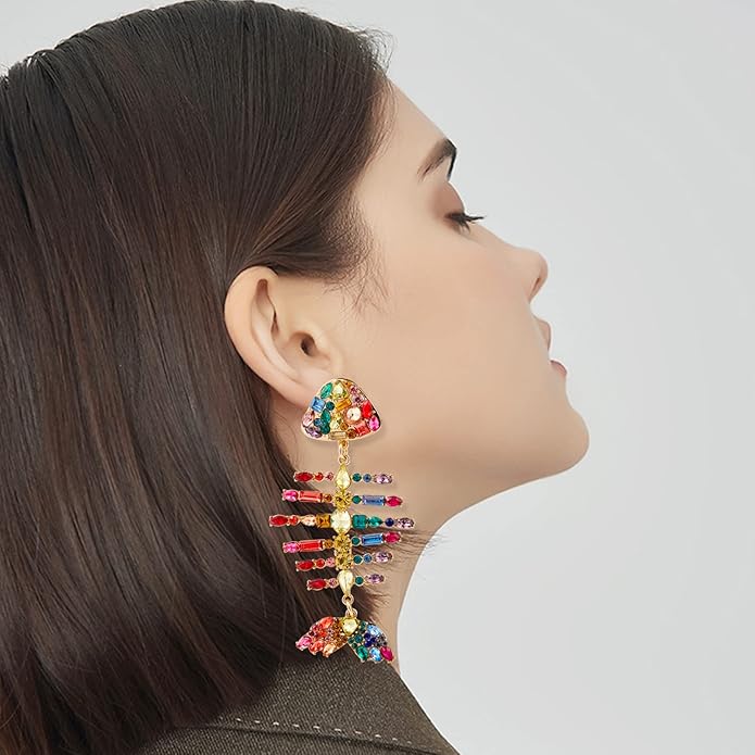 Creative Exaggerated Long Colorful Sparkly Crystal Fish Bone Dangle Drop Earrings Vintage Gold Cute Enamel Diamond Animal metal Stud Earrings