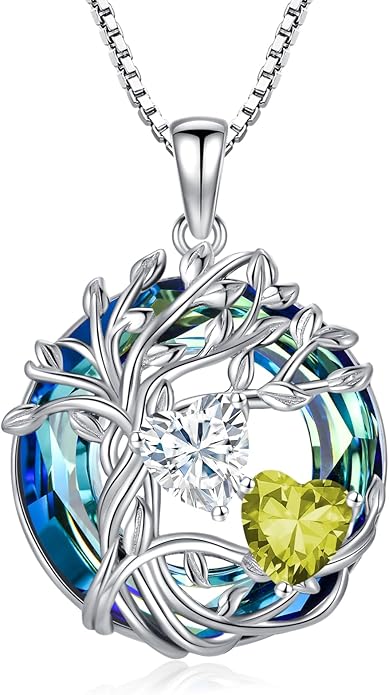 TOUPOP s925 Sterling Silver Family Celtic Tree of Life Pendant Necklaces with 2 Heart Birthstone with Blue Austrian Crystal Jewelry Birthday Valentines Day Gifts for Her, Anniversary Christmas Gifts for Wife Girlfriend Mom (18K Real White Gold Filled)