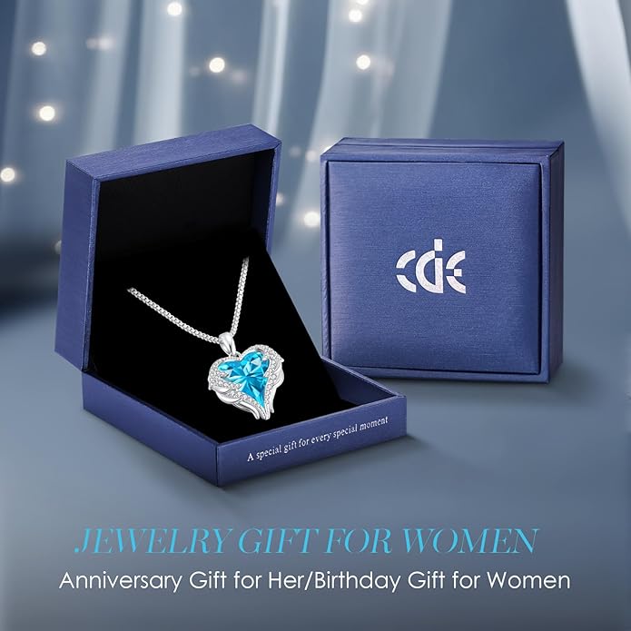 CDE Valentines Day Gifts for Women Angel Wings Necklace for Women with Birthstone, Love Heart Silver Tone/Gold Tone Pendant, Ideal Anniversary or Birthday Jewelry Gifts for Wife Girlfriend Her