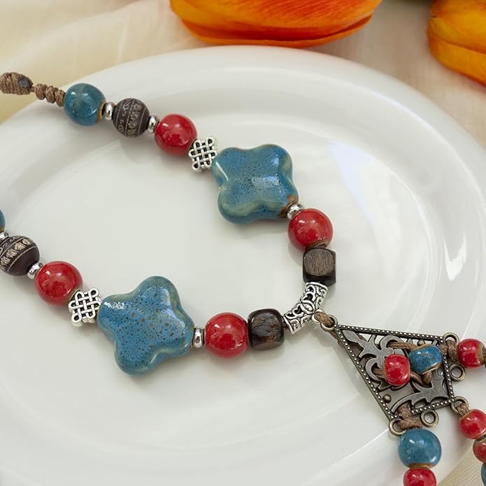 Boho Style Colorful Ceramic Bead Strand Necklace Adjustable Bohemian Jewelry Gift for Women, Fashion Clothing Matching Necklace