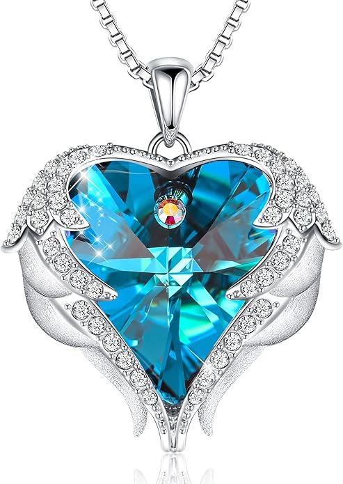 CDE Valentines Day Gifts for Women Angel Wings Necklace for Women with Birthstone, Love Heart Silver Tone/Gold Tone Pendant, Ideal Anniversary or Birthday Jewelry Gifts for Wife Girlfriend Her